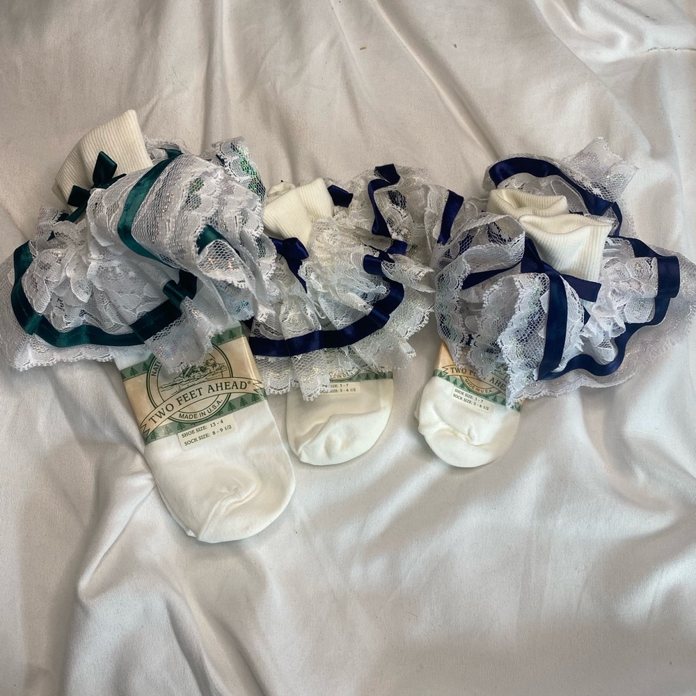 Two Feet Ahead Ruffled Vintage Pageant Socks White and Blue Ruffled Socks Set
